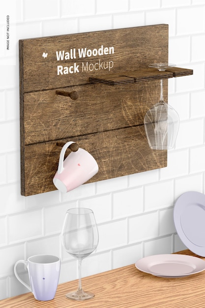 PSD wall wooden rack mockup, left view