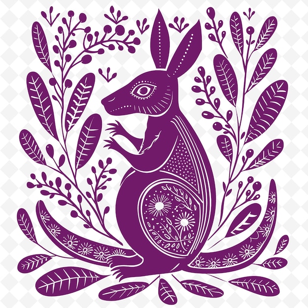 PSD wallaby line art with eucalyptus leaves and australian eleme creative outline scribble collections