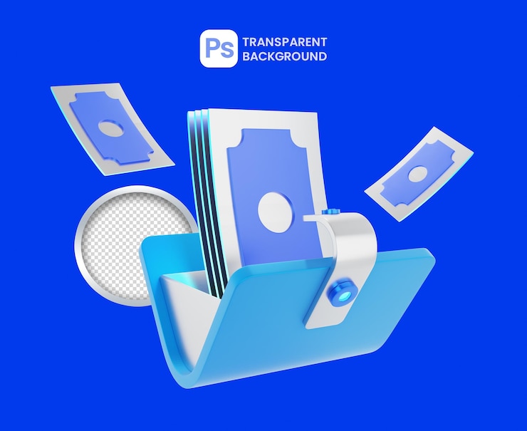 PSD ウォレット 3d イラストと通貨アイコン