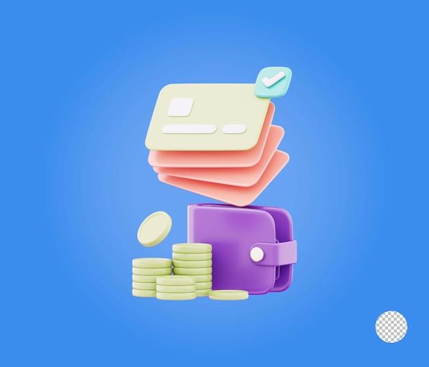 Wallet atm card or credit card with coin stack and checkmark symbolizing approved cashless payment