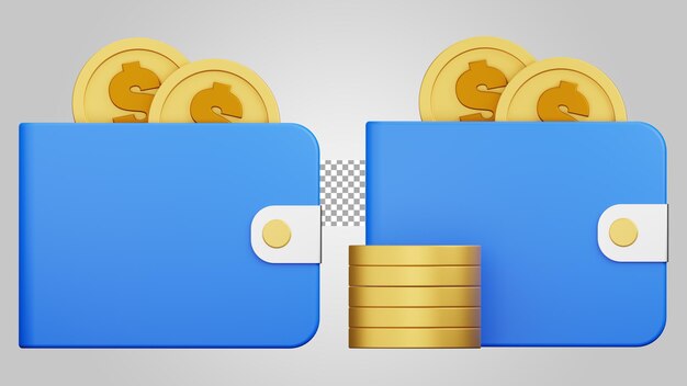 wallet cash coin on transparent background 3d render