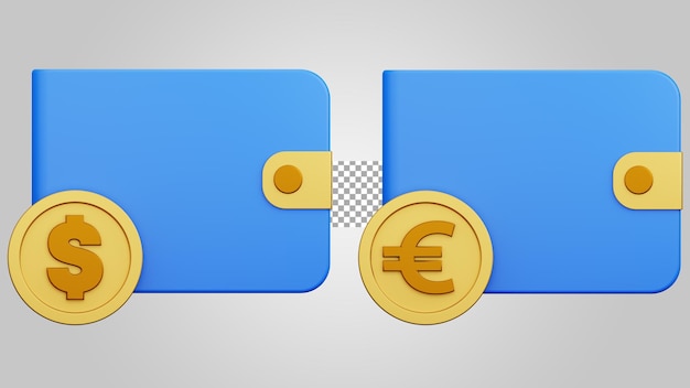 Wallet cash dollar euro on transparent background 3D Render