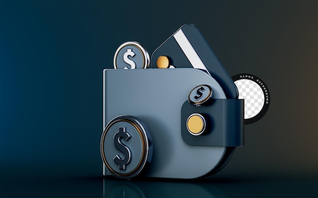 Wallet credit card and dollar icon on dark background 3d render concept for money and put document