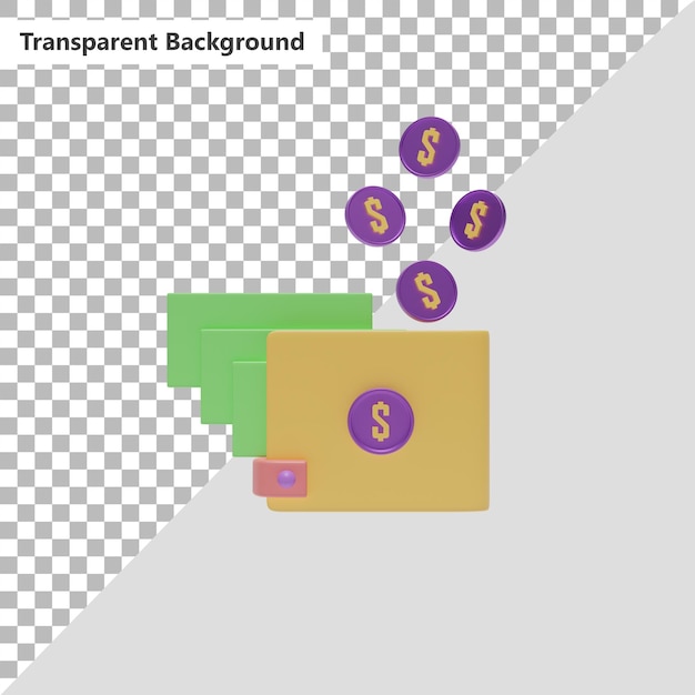 PSD Кошелек с долларом 3d визуализации