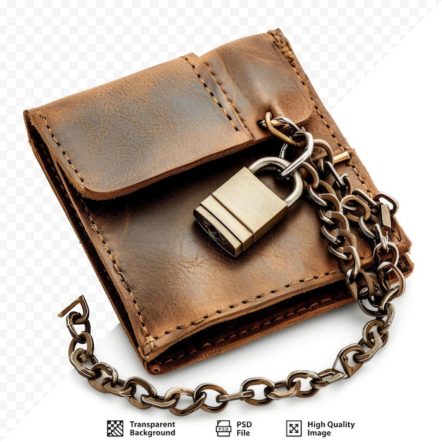 PSD wallet with chain and padlock isolated on white isolated background