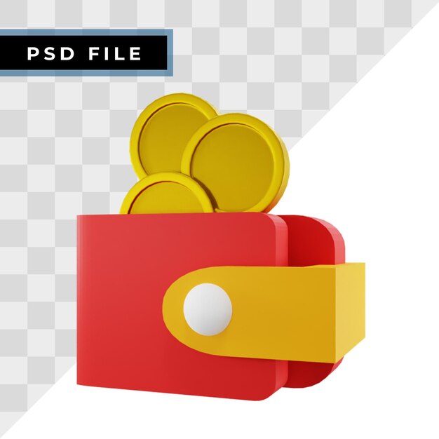 PSD portafoglio con icona coin 3d, isolato su sfondo bianco, illustrazione ecommerce 3d