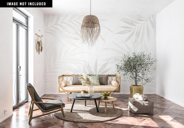 PSD wallpaper mockup in a boho living room