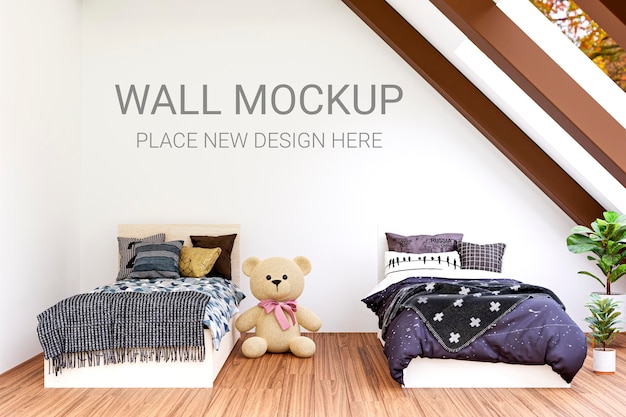 Wallpaper mockup in a children attic bedroom 3d rendered illustration