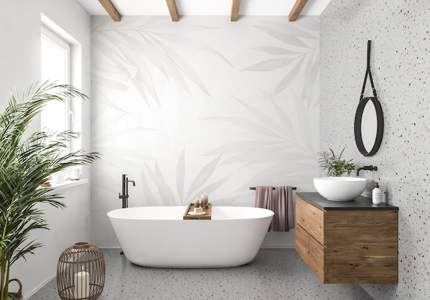 PSD wallpaper mockup of modern bathroom interior scene