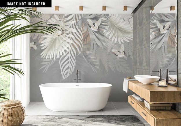 PSD wallpaper mockup in modern bathroom interior