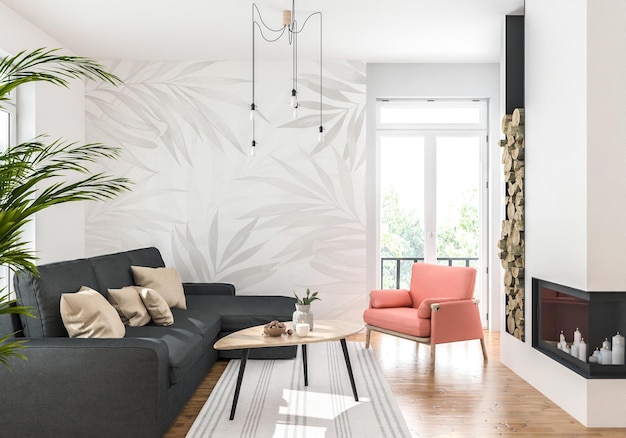 Wallpaper mockup scandinavian interior scene living room