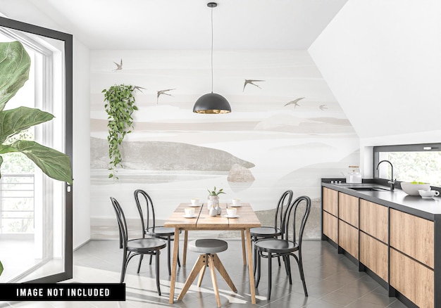 PSD wallpaper mockup in scandinavian kitchen interior