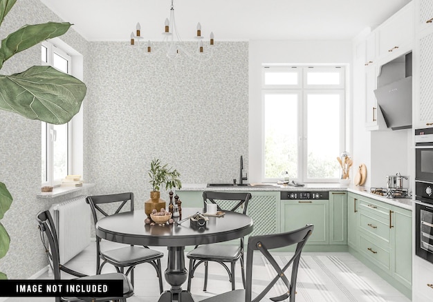 PSD wallpaper mockup in scandinavian kitchen interior