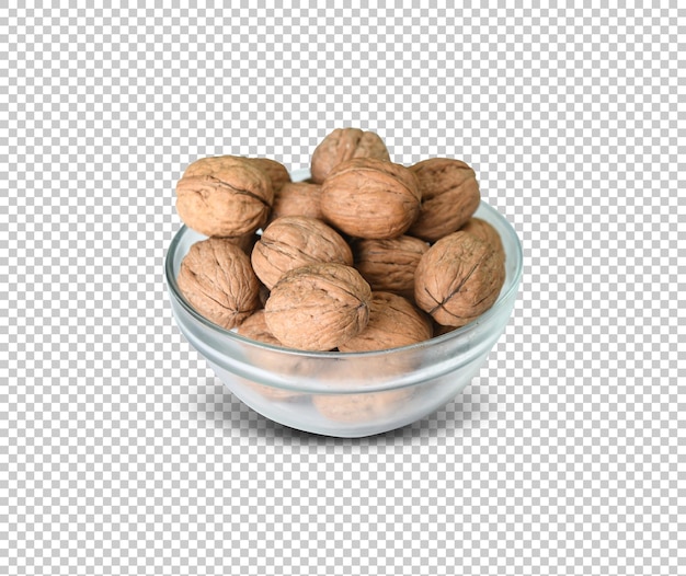 walnuts in glass bowl isolated on transparent background with clipping mask