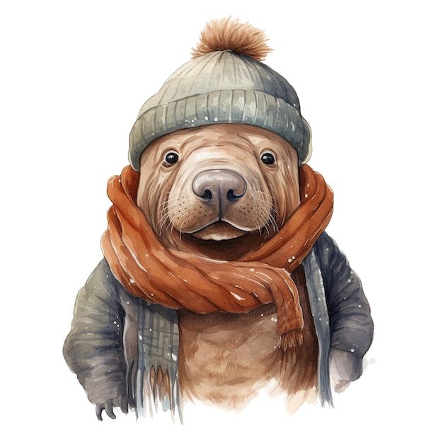 PSD walrus wearing winter clothes for christmas event watercolor style ai generated