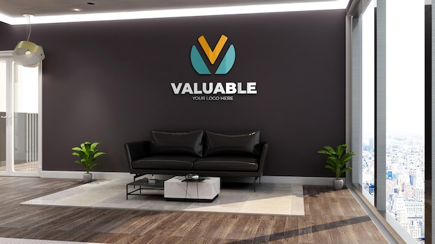 Wandbord logo mockup in de wachtkamer van de kantoorlobby met bank