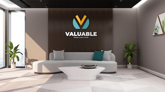 Wandbord logo mockup in de wachtkamer van de kantoorlobby met bank