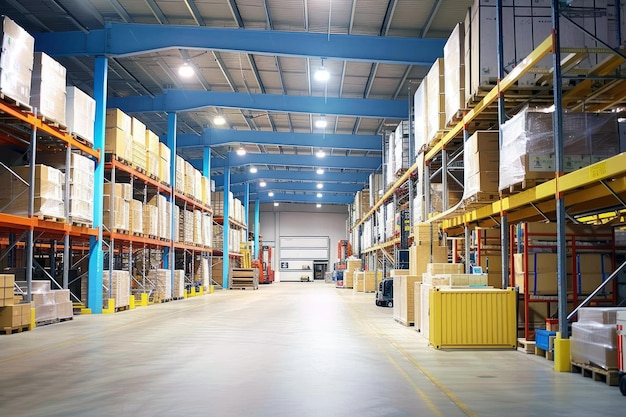 PSD warehouse interior with shelves and racks in a large warehouse