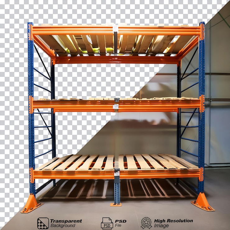 PSD warehouse rack metal shelf isolated on transparent background