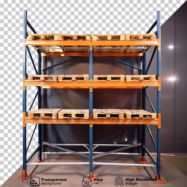 PSD warehouse rack metal shelf isolated on transparent background