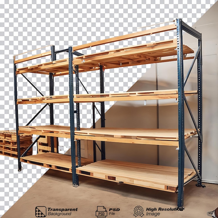 PSD warehouse wooden racks shelves isolated on transparent background