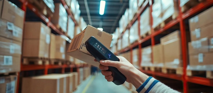 PSD warehouse worker scanning a box with a barcode scanner
