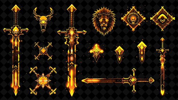 PSD warhammer pixel weapon with lion head and crossed swords and y2k shape neon color art collections