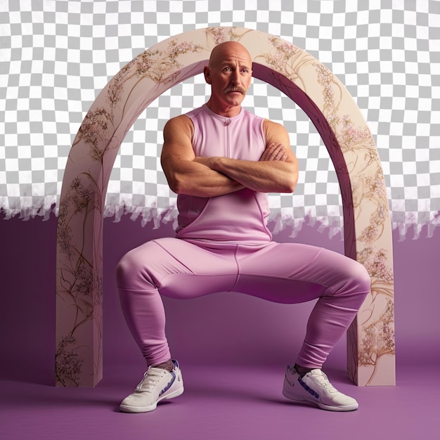 A wary middle aged man with bald hair from the nordic ethnicity dressed in practicing yoga attire poses in a back arch with hands on thighs style against a pastel mauve background