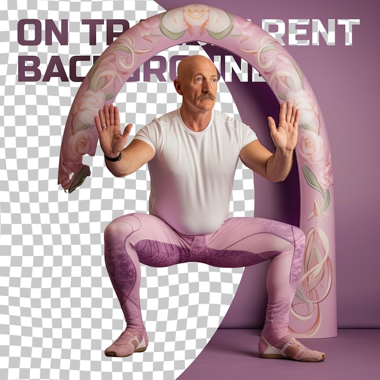 PSD a wary middle aged man with bald hair from the nordic ethnicity dressed in practicing yoga attire poses in a back arch with hands on thighs style against a pastel mauve background