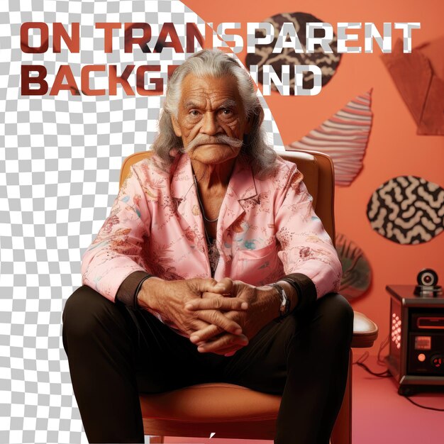 PSD wary senior aboriginal man gaming in pastel coral background