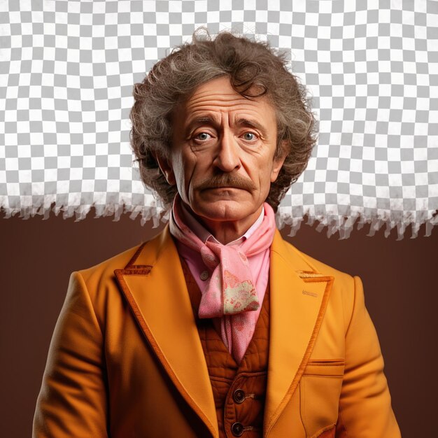 PSD a wary senior man with curly hair from the uralic ethnicity dressed in recruiter attire poses in a crossed arms confidence style against a pastel apricot background