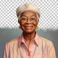 PSD una donna anziana cauta con capelli biondi di etnia afroamericana vestita in abito di architetto paesaggista posa con gli occhi abbassati con uno stile sorridente su uno sfondo beige pastello