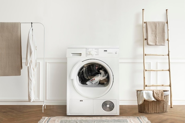 Washing machine mockup  in a minimal laundry room interior design