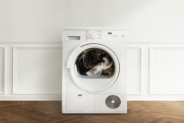 PSD washing machine mockup psd in a minimal laundry room interior design