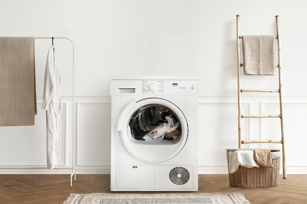 PSD wasmachinemodel in een minimaal interieurontwerp voor de wasruimte