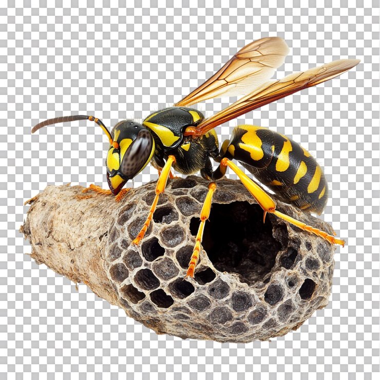 PSD wasp building a nest against transparent background for nature studies educational materials or insect themed content