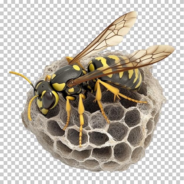 PSD wasp building a nest against transparent background for nature studies educational materials or insect themed content