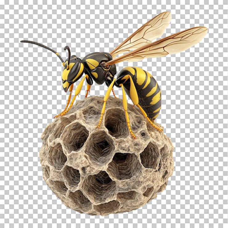 PSD wasp building a nest against transparent background for nature studies educational materials or insect themed content
