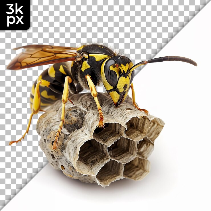 PSD a wasp with a large yellow body and a black and white background