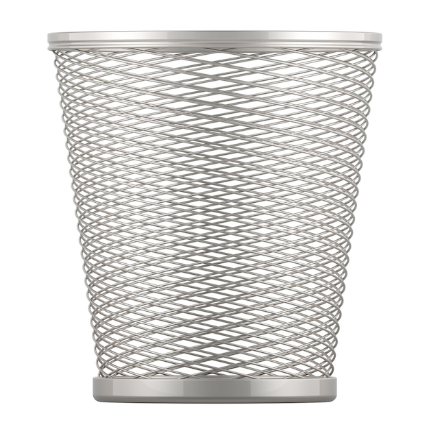 PSD waste paper basket from metal mesh 3d rendering isolated on transparent background