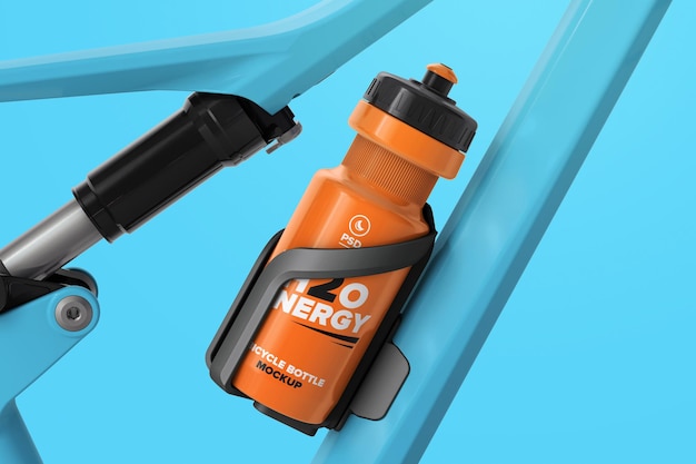 Water bottle in holder on bike frame mockup