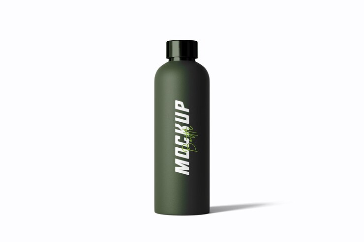 PSD water bottle mockup matte dark green sport bottle psd front view