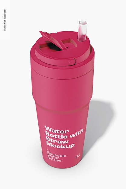 PSD water bottle with straw mockup, perspective