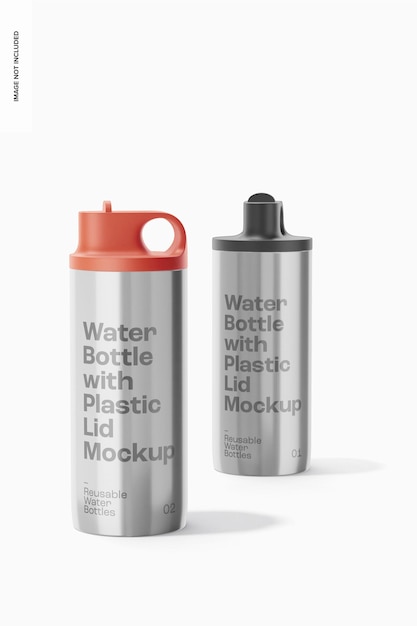 PSD bottiglie d'acqua con coperchio in plastica mockup, prospettiva