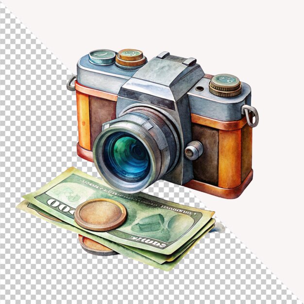 Acquerello di una telecamera e denaro su uno sfondo trasparente