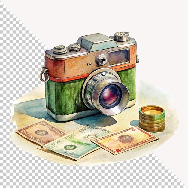 Water color art of a camera and money on transparent background