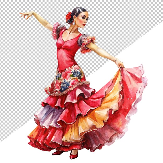 PSD water color art of a flamenco dancer in beautiful dress on transparent background