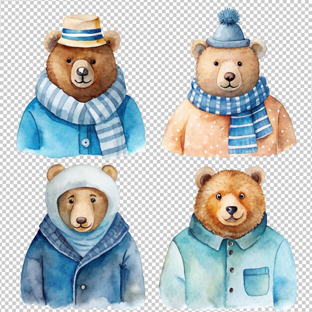 PSD water color art of a winter bear collection on transparent background