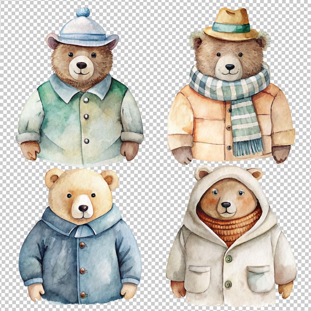 PSD water color art of a winter bear collection on transparent background