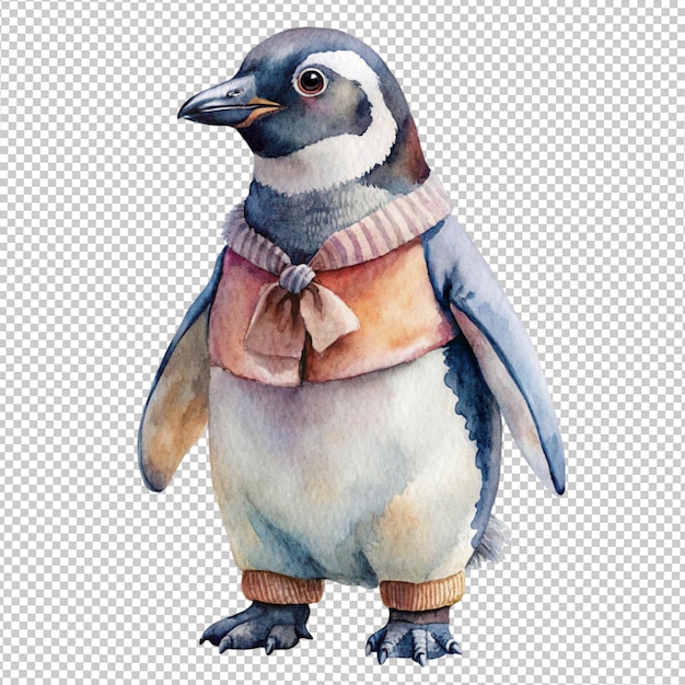 PSD Водный цвет пингвина, одетого в рождественскую ткань на прозрачном фоне